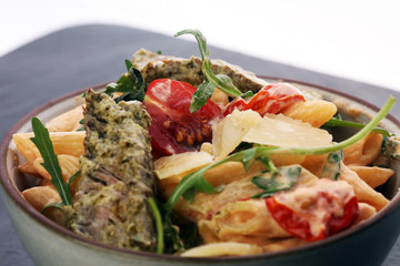 Whole Wheat Pasta Salad with Fresh Arugula, Mozzarella, Roasted Red Bell Peppers and Pesto Sauce