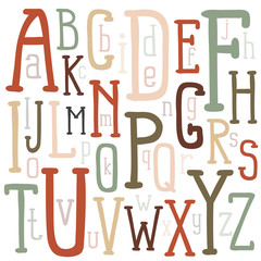 Multicolored letters of the alphabet of different sizes inscribed in a rectangular poster. A unique font drawn by hand. Vector illustration.