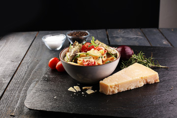 Whole Wheat Pasta Salad with Fresh Arugula, Mozzarella, Roasted Red Bell Peppers and Pesto Sauce