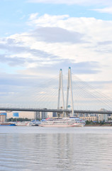 Cable stayed bridge and Neva river.