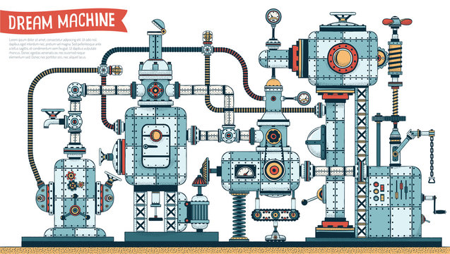 Complex fantastic steampunk machine  -  color version with shadows. Vector illustration. Brush for shadows included.
