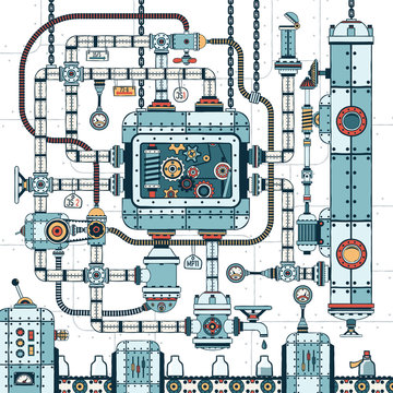 A fantastic complex steampunk machine made of interlocking pipes, cables, devices and accessories. Conveyor for filling bottles with liquid. Colored Vector illustration.