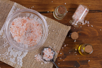 Aromatherapy, spa still life with sea salt and essential oils
