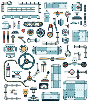 Machinery elements. Spare parts for creation of technically complex devices, apparatuses. Colored Vector illustration.