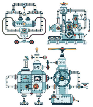 Intricate metal machines with pipes, mechanisms, technical elements in steampunk style. Details are grouped separately, so that the structures can be disassembled and assembled differently.