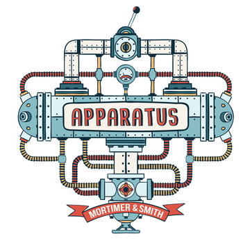 Fantastic steampunk apparatus with  pipes, cables,  lever and valve. Colored Vector illustration.