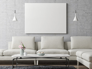White poster on concrete wall, living room background, 3d illustration