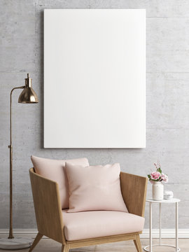 White poster in minimalism interior, 3d illustration