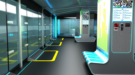 Interior of the modern space of the stopping complex for public transport. Design concept. 3D illustration.