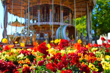 Fototapeta na wymiar Flower with carousel in the background