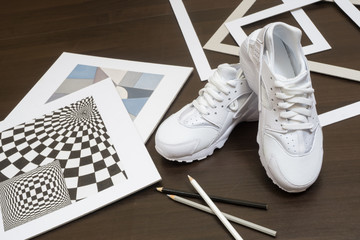 Modern sport shoes demonstrated in unique way with different objects
