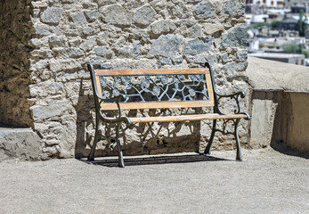 Beautiful bench standing on the upper terrace of the ancient Leh Palace - Leh, Ladakh, Tibet, Jammu...