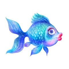 Cartoon Watercolor colorful blue fish illustrations isolated on white background. Colorful hand drawn vintage illustration. Perfect for kids cartoon magazine. Feng Shui talismans: fish.