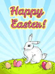 Vector hand-drawn greeting card made in vintage cartoon style. Happy easter text. Egg hunt, white rabbit, green lawn, blue sky. Design best for posters, banners, postcards, products for children.