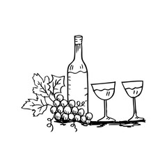 Wine and grapes. Hand drawing illustration.