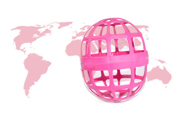 Pink Globe over a World Map isolated on white background