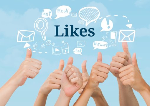 Many hands thumbs up with Likes text with drawings graphics