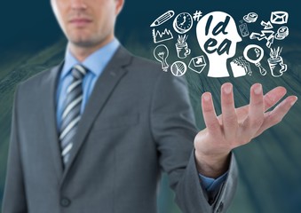 Businessmans hand open with Idea text with drawings graphics