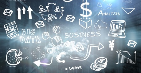 Servers and binary code with white business doodles and flares