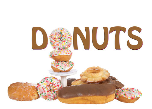 Variety of Donuts isolated on white background with word DONUTS above pile, using a sprinkle donut for the O.