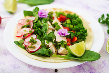 Healthy mexican corn tacos with boiled chicken breast, spinach, radish and paprika.