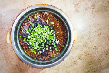 Traditional Chinese glutinous rice with waxed sausage delicacy