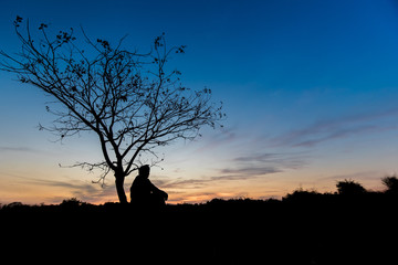 Fototapeta na wymiar silhouettes Man sitting under the tree 