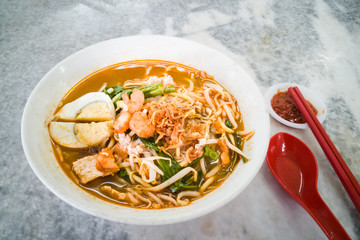 Penang popular prawn mee noodles with eggs, and small shrimp