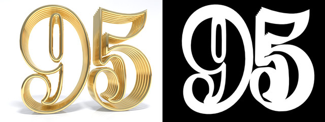 Golden number ninety five on white background with drop shadow and alpha channel. 3D illustration