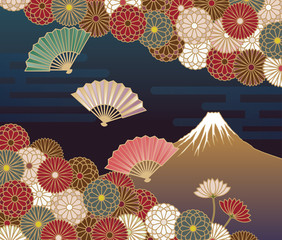 富士山、菊の花と扇の伝統的な和風模様