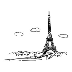 eiffel tower with cityscape and clouds - vector illustration sketch hand drawn isolated on white background