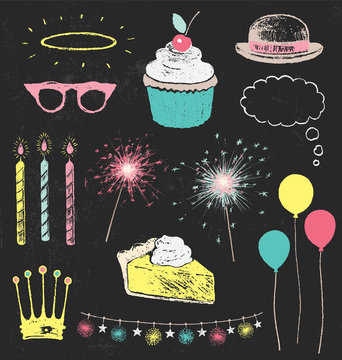 Party Decorations and Sparklers Chalk Drawing Design Elements Vector Set