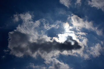 Obraz premium 青空と雲に隠れた太陽「空想・後光に浮かび上がる雲のモンスター」