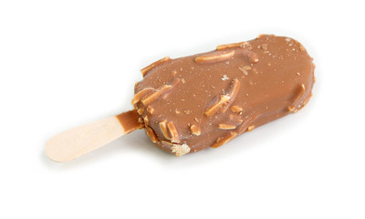 ice cream covered with chocolate and almonds on white background