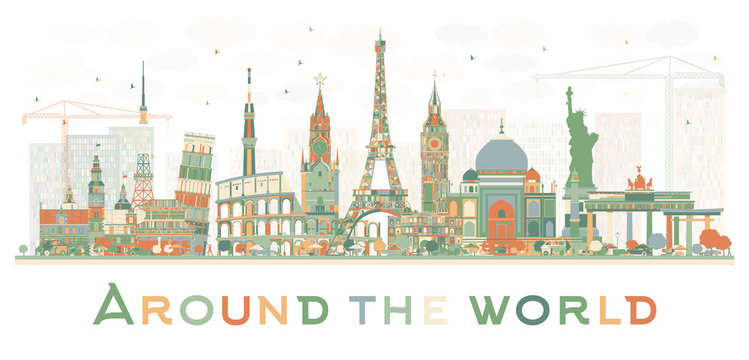 Abstract Travel Concept Around the World with Famous International Landmarks.
