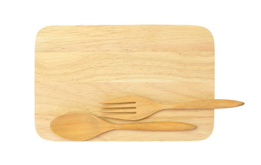 wooden spoon and fork on wooden board against white background
