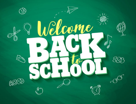 Back to school vector banner design with 3d title and drawings in green chalkboard texture background. Vector illustration.
