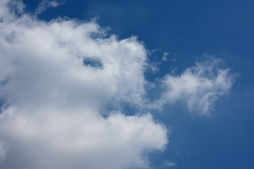 青空と雲「メルヘン・モンスターの子育て・子供（小さい雲の左側に顔）を口からはぎだす親モンスター」または、「空想・火を吐くモンスター」・
