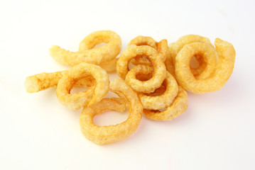 Pork snack,Pork rind, Pork scratchings, Pork crackling isolated on white background