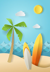 Illustration of nature landscape and concept of summer time, surf board and sea or ocean. Design by origami paper art and craft style