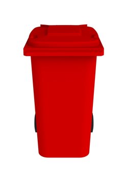 Front view of red garbage wheelie bin with a closed lid on a white background, 3D rendering