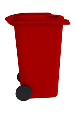 Beside view of red garbage wheelie bin with a closed lid on a white background, 3D rendering