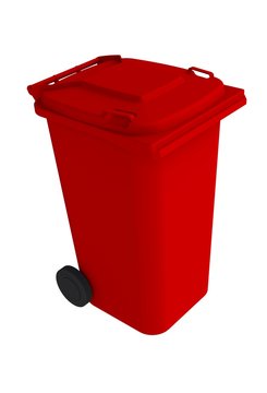 Isometric view of red garbage wheelie bin with a closed lid on a white background, 3D rendering
