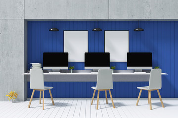 3D Rendering : illustration of Blank pc computer desktop with keyboard on desk blue color wooden wall. accessories in sunny room. loft cement concrete wall. minimalism interior mock up