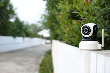 Naklejka premium CCTV security camera operating in home.