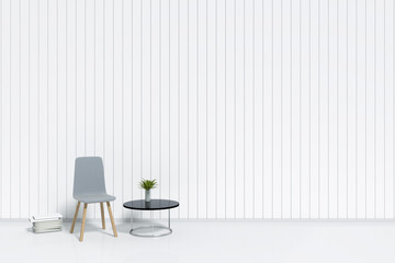 Obraz na płótnie Canvas White room modern interior, grey fabric single chair with glass table and little tree decorate, mock up interior brighten room design, minimalism style decoration /3d rendering.