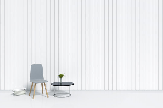 White room modern interior, grey fabric single chair with glass table and little tree decorate, mock up interior brighten room design, minimalism style decoration /3d rendering.