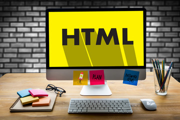 Learn HTML, web development and web design,  Trendy long shadow flat design and HTML word on screen Computer Coding Code Php Programming Coding Cyberspace