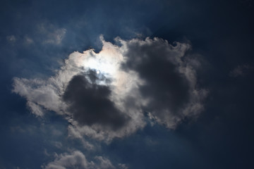 Fototapeta na wymiar 雲を透ける太陽と青空「空想・２対の黒雲のモンスター（太陽が左のモンスターの目、右の黒雲の上部に顔