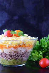 Salad with chicken liver in layers with pickles,boiled carrot, egg, cheese in a glass bowl on a black abstract background. Top view. Healthy food concept